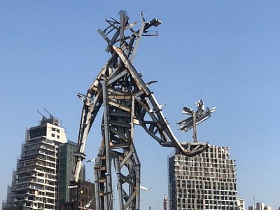 Lebanese artist Nadim Karam creates a memorial sculpture in the port of Beirut